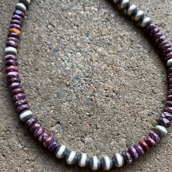 S.Silver Purple Spiny Oyster W Pears Bead Necklace - Picture 4 of 12